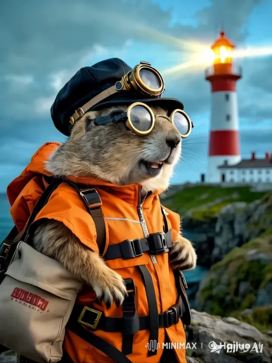 Groundhog in Safety Gear Stands on Cliffside – AI Generated Video | Hailuo AI