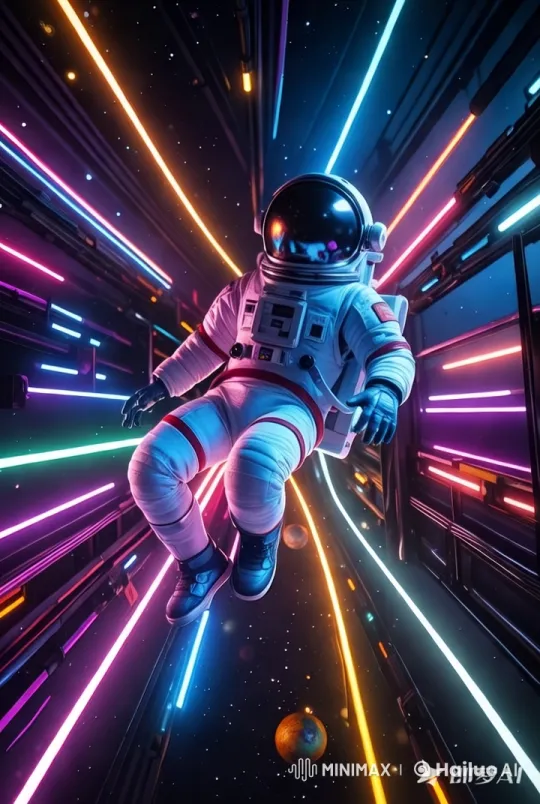 Astronaut Drifts Through Neon-Lit Space Tunnel – AI Generated Video | Hailuo AI