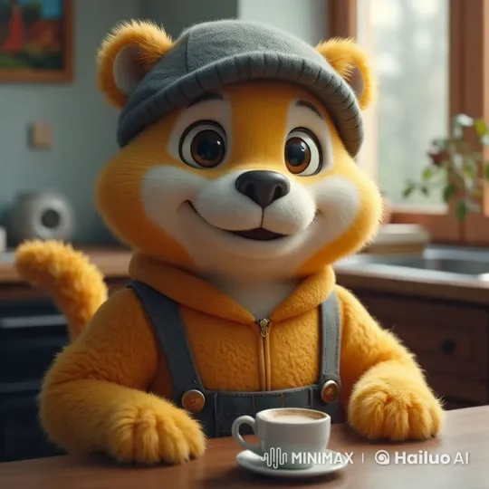 Orange Bear in Cozy Kitchen Approaches Camera – AI Generated Video | Hailuo AI