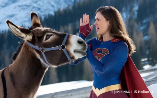 Supergirl Confronts Donkey in Snowy Mountainscape – AI Generated Video | Hailuo AI