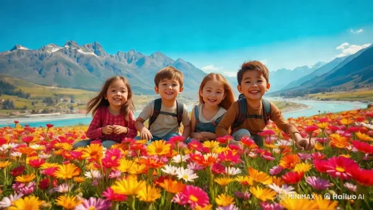 Children Playing in a Colorful Flower Field with Mountains – AI Generated Video | Hailuo AI