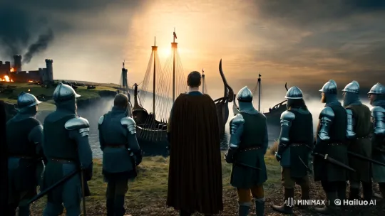 Viking Allies Depart as Dawn Breaks Over Historic Landscape – AI Generated Video | Hailuo AI