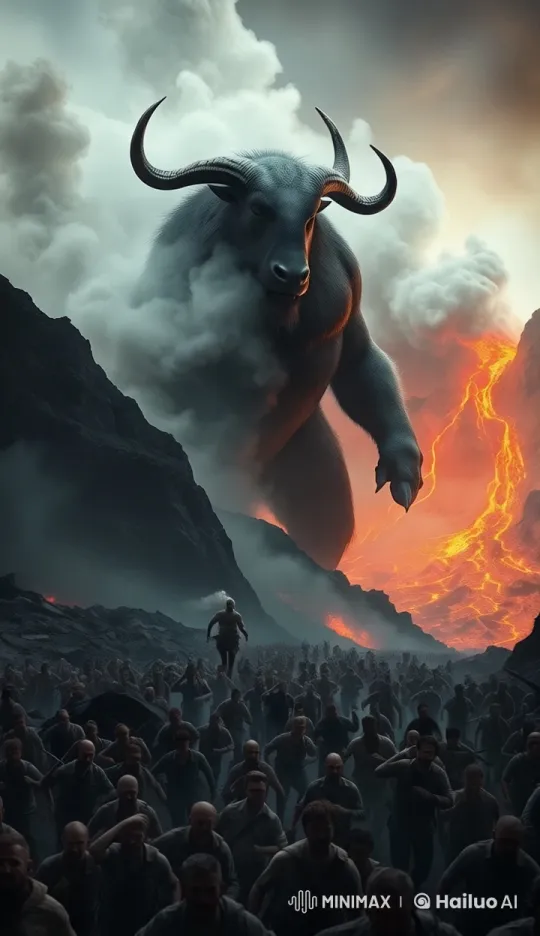 Giant Emerges Amidst Chaos, Humans Flee from Mount's Fury – AI Generated Video | Hailuo AI