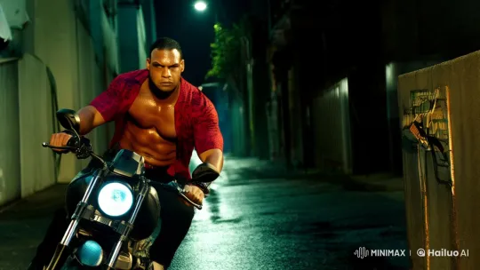 Muscular Man on Motorcycle in Intense Urban Chase – AI Generated Video | Hailuo AI