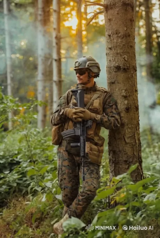 American Soldier Climbs Tree in Forest Ambush Scene – AI Generated Video | Hailuo AI