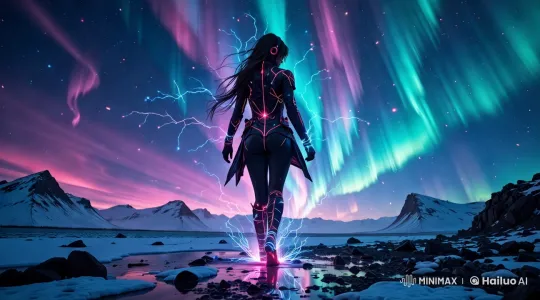 Futuristic Warrior Walks Through Electric Ice Terrain – AI Generated Video | Hailuo AI