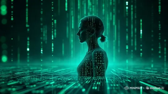 Futuristic Female Figure in Digital Environment – AI Generated Video | Hailuo AI