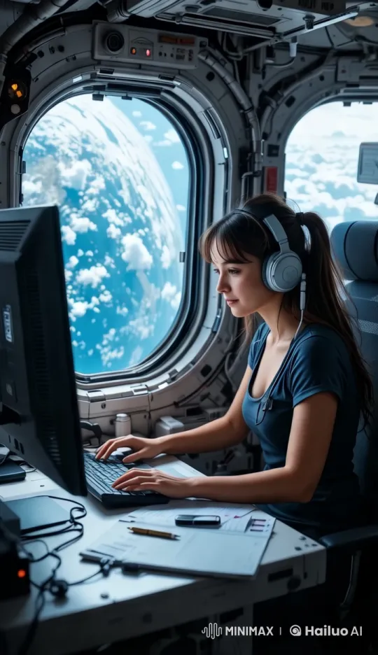 Woman Working in Space Station with Earth View – AI Generated Video | Hailuo AI