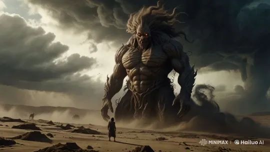 Giant Creature Stares Down Lone Figure in Stormy Desert – AI Generated Video | Hailuo AI