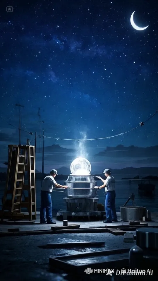 Workers Assemble Luminous Sphere Under Night Sky – AI Generated Video | Hailuo AI