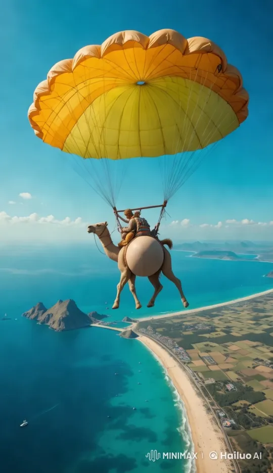 Camel Parachuting Over Turquoise Coastline – AI Generated Video | Hailuo AI