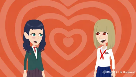 Girls in Love: Animated Kiss Against Hearts Background – AI Generated Video | Hailuo AI