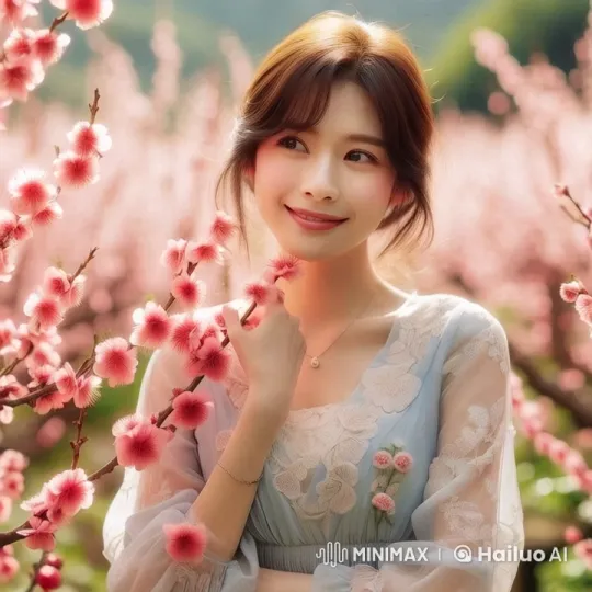 Woman in Blue Dress Amidst Pink Blossoms – AI Generated Video | Hailuo AI