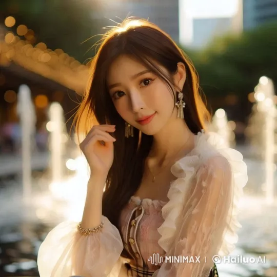Woman by Fountain: Aesthetic Movement and Golden Light – AI Generated Video | Hailuo AI