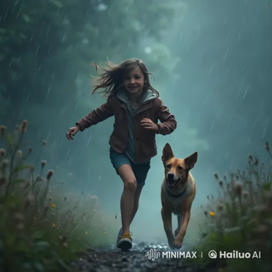 Joyful Run Through Rainy Forest with Dog – AI Generated Video | Hailuo AI