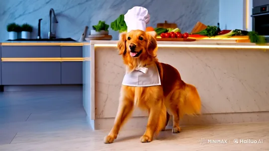 Golden Retriever Chef Enthusiastically Cooks in Elegant Kitchen – AI Generated Video | Hailuo AI