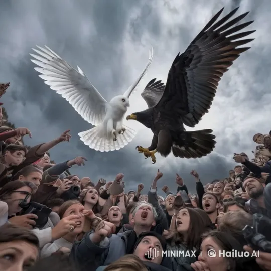 Aerial Battle: White Dove vs. Black Eagle Captivates Crowds – AI Generated Video | Hailuo AI