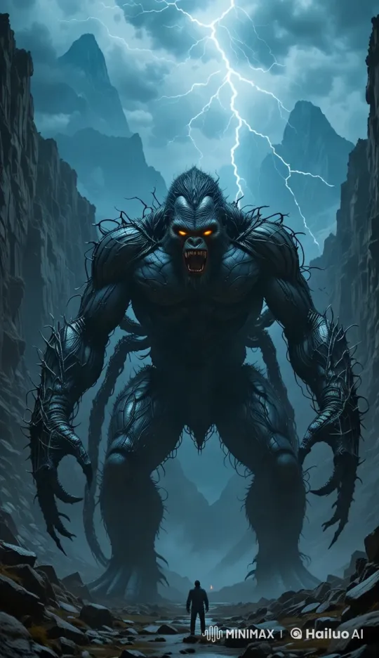Majestic Creature Stands Over Human in Stormy Canyon – AI Generated Video | Hailuo AI