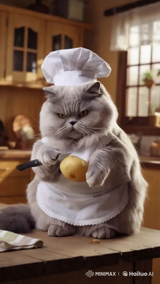 Grey Cat Chef Peels Potatoes in Cozy Kitchen – AI Generated Video | Hailuo AI