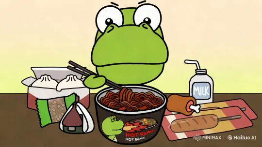 Frog Enjoying Noodles with Chopsticks – AI Generated Video | Hailuo AI