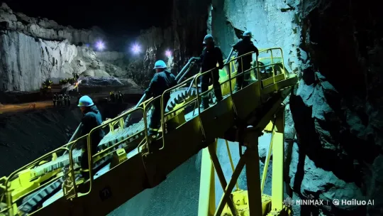 Mining Ballet: Workers and Machinery on Rock Wall – AI Generated Video | Hailuo AI