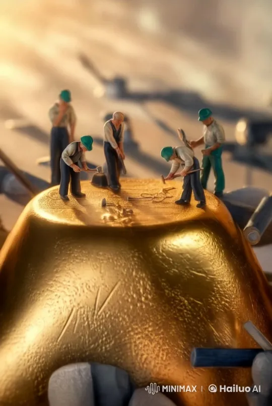 Miniature Workers Craft Golden Surface in Aesthetic Video – AI Generated Video | Hailuo AI