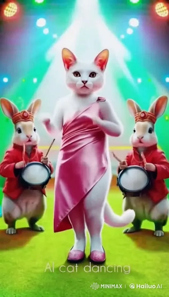 White Cat and Bunnies Drum Ensemble in Animated Live2D Video – AI Generated Video | Hailuo AI