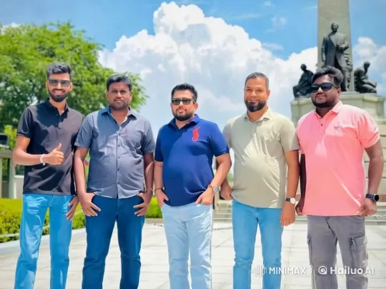 Five Men Enjoy Sunny Day in Front of Monument – AI Generated Video | Hailuo AI
