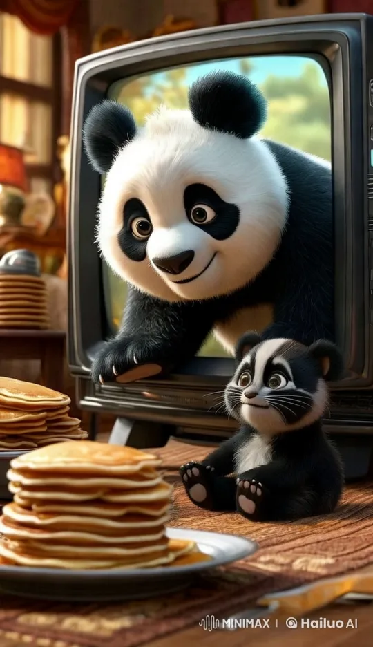 Panda Enjoying Pancakes in Cozy Room – AI Generated Video | Hailuo AI