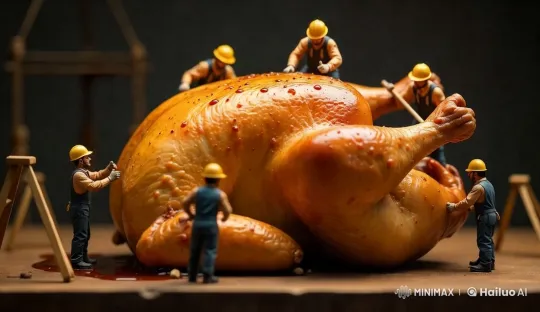 Miniature Construction Workers Inspect Giant Roasted Turkey – AI Generated Video | Hailuo AI