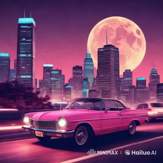 Vintage Convertible Glides Through Dazzling Cityscape at Dusk – AI Generated Video | Hailuo AI