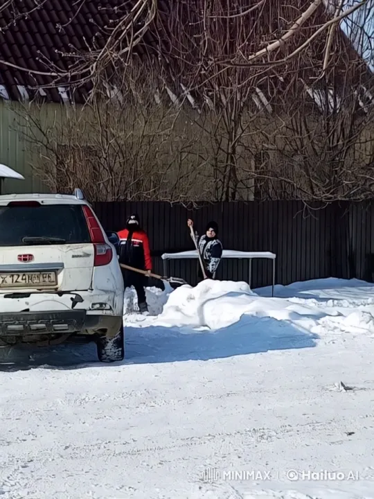 Snow Shoveling Scene with Aesthetic Contrast – AI Generated Video | Hailuo AI