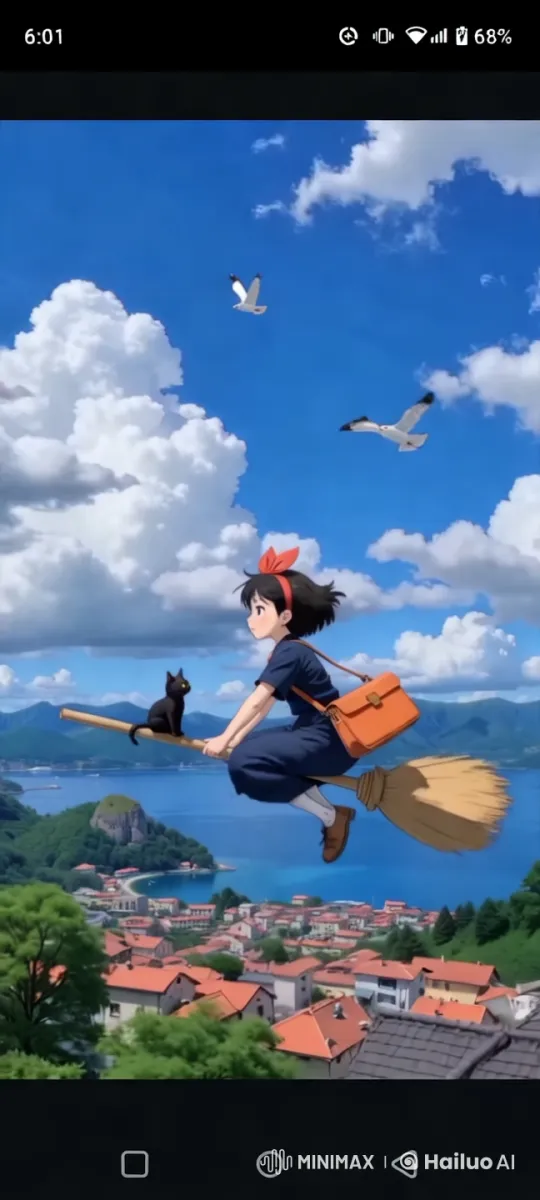Magical Flight: Girl and Cat on Broomstick Over Coastal Town – AI Generated Video | Hailuo AI