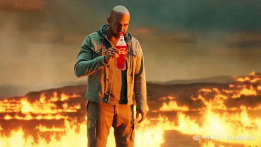 Bald Man in Fiery Landscape Drinks Cooldrink, Transforms Scene – AI Generated Video | Hailuo AI