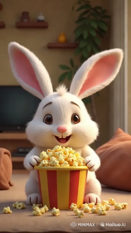 Fluffy Rabbit Enjoys Popcorn in Cozy Living Room – AI Generated Video | Hailuo AI