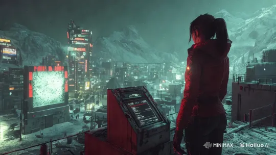 Futuristic Cityscape: Young Woman on Rooftop – AI Generated Video | Hailuo AI