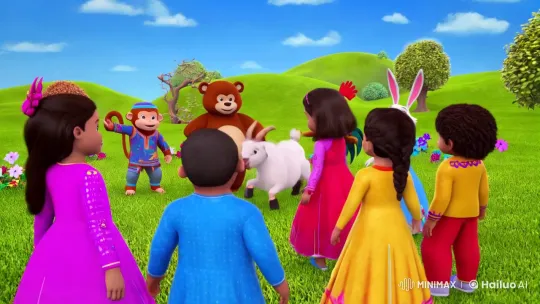Colorful Animated Short: Children and Animals in a Vibrant Meadow – AI Generated Video | Hailuo AI