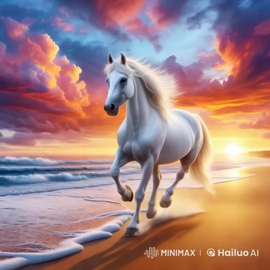 White Horse Galloping on a Sunset Beach – AI Generated Video | Hailuo AI