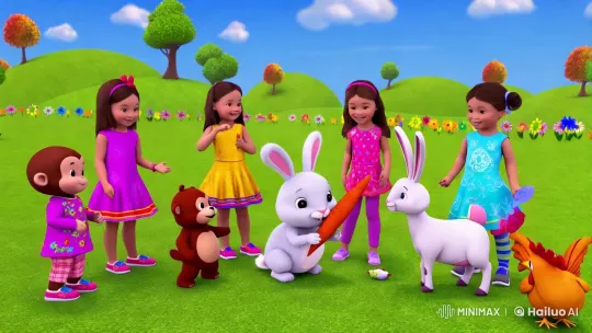 Vibrant Children and Animals in a Lush Meadow Setting – AI Generated Video | Hailuo AI