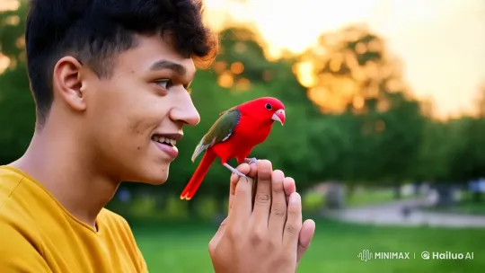 Young Man Fascinated by Bird in Serene Park – AI Generated Video | Hailuo AI