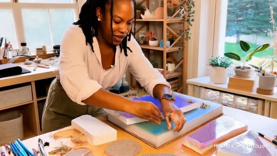 Woman Crafts Vibrant Resin Art in Cozy Studio – AI Generated Video | Hailuo AI