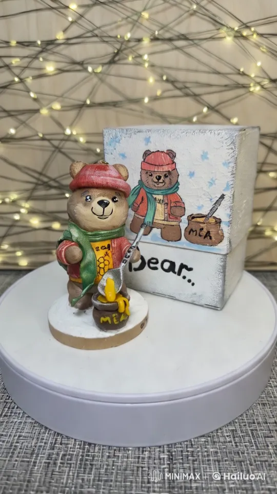 Bear Figurine Enjoying Honey with Festive Ambiance – AI Generated Video | Hailuo AI