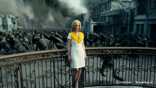 Chic Woman Watches Over Chaotic Zombie Battle from Balcony – AI Generated Video | Hailuo AI