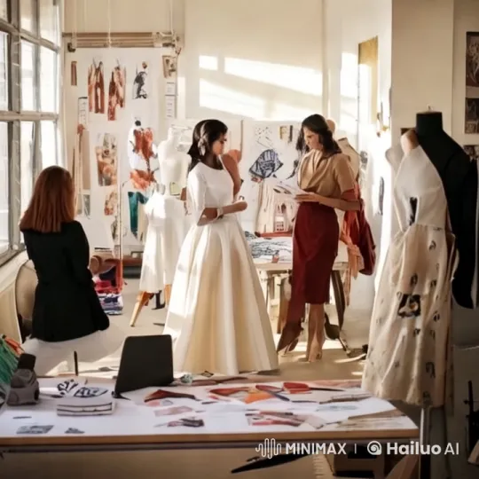 Fashion Designers Crafting Elegant Dresses in Artistic Atelier – AI Generated Video | Hailuo AI