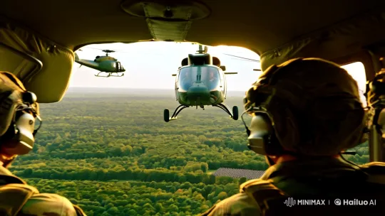 Helicopter POV: Troops Parade Amidst Forest Canopy – AI Generated Video | Hailuo AI