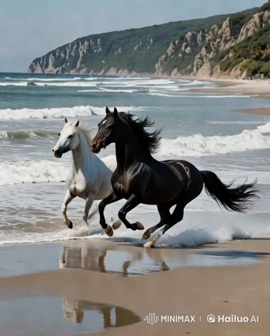 Horses Gallop on a Picturesque Beach Shore – AI Generated Video | Hailuo AI
