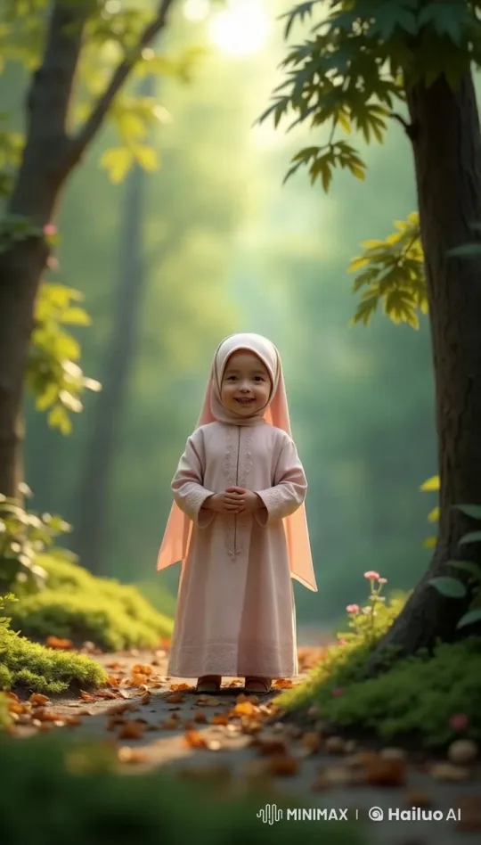 Baby Girl Walking in Tranquil Forest with Sunlit Path – AI Generated Video | Hailuo AI