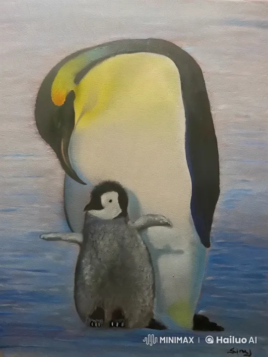Penguin Chick and Adult Bond in Pastel Blue Setting – AI Generated Video | Hailuo AI