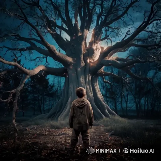 Boy in Awe Before Ancient Tree in Mystical Forest – AI Generated Video | Hailuo AI