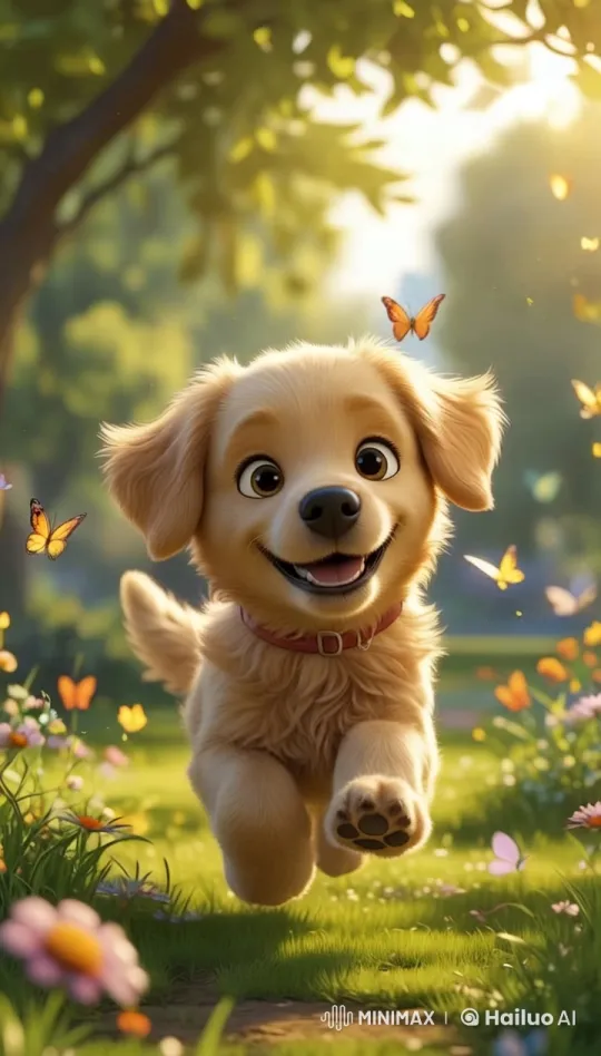 Joyful Puppy Chasing Butterflies in Pixar-Inspired Park – AI Generated Video | Hailuo AI